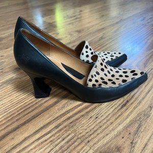 Fluevog Big Presence Davis loafer heels/pumps, 7, black + cheetah-print pony fur